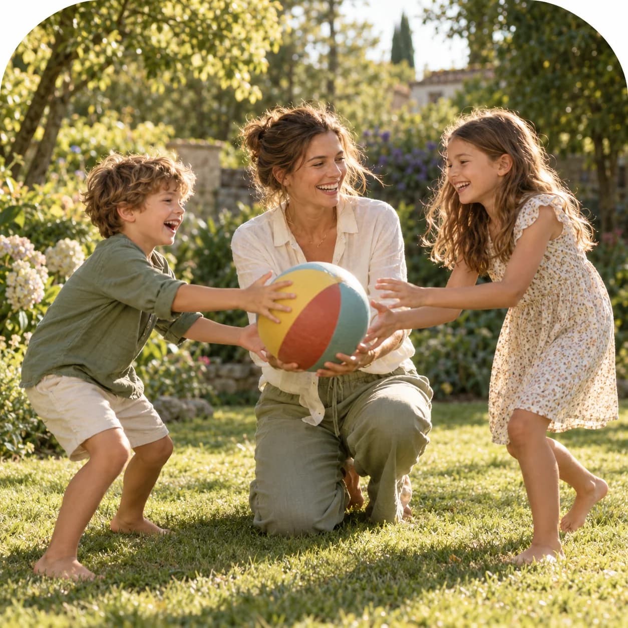 A mom and her two kids laughing and playing with a ball in a sunny garden.